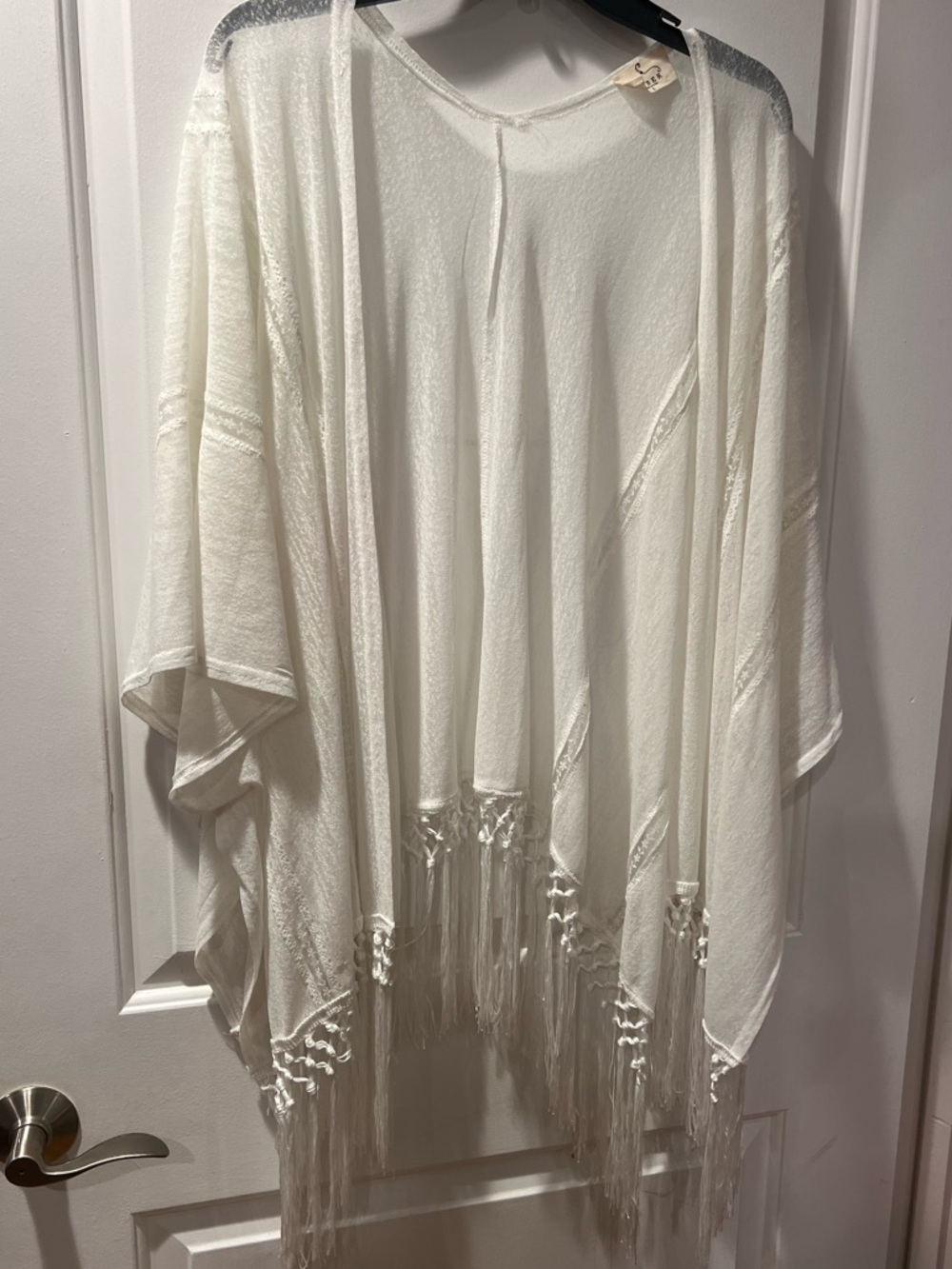 White Fringe Open-Front Kimono Cover-Up